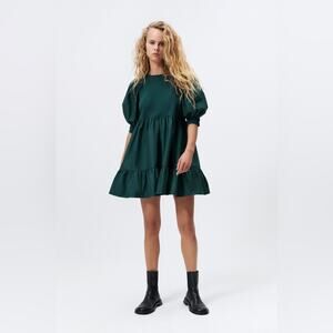 Zara Green Voluminous Sleeve Combination Ruffled Babydoll Dress.